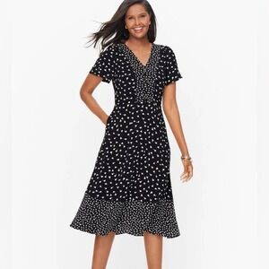 Talbots 8 Black White Floral Flutter Sleeve Midi Dress‎ Pockets